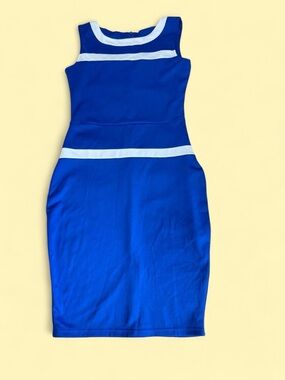 Yizoo Sleeveless Cobalt Blue Sheath Dress with White Band Detailing
